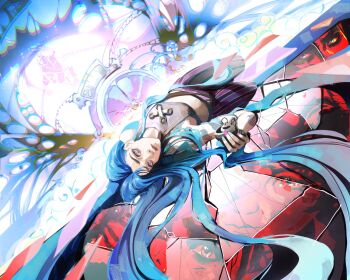 1girl arcane:_league_of_legends arcane_jinx arm_tattoo black_shirt blue_hair blue_nails breasts cloud_tattoo crop_top highres jinx_(league_of_legends) league_of_legends long_hair luuann_k lying midriff multicolored_nails nail_polish on_back panties pink_eyes pink_nails shirt small_breasts solo striped_clothes striped_panties tattoo two-tone_nails underwear