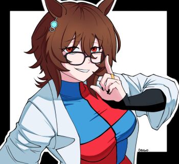 1girl agnes_tachyon_(umamusume) android_21 android_21_(cosplay) animal_ears black-framed_eyewear blue_dress breasts brown_hair coat commentary cosplay daigo_(daistrangelove) dragon_ball dragon_ball_fighterz dress english_commentary glasses highres horse_ears horse_girl jewelry lab_coat large_breasts long_sleeves medium_hair multicolored_dress open_clothes open_coat parted_lips rectangular_eyewear red_dress red_eyes ring simple_background smile solo umamusume upper_body white_background white_coat