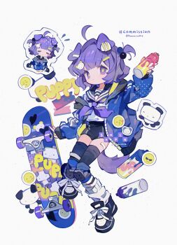 1girl absurdres ahoge animal_ears black_shoes black_shorts black_thighhighs blue_jacket blue_sailor_collar blunt_bangs blush_stickers can chibi closed_mouth commission dog_ears dog_girl dog_tail full_body highres holding holding_can jacket kanae_(cookie) knee_pads looking_at_viewer open_clothes open_jacket original paint_can purple_eyes purple_hair sailor_collar sailor_shirt sample_watermark shirt shoes short_hair shorts simple_background skateboard sneakers socks socks_over_thighhighs standing tail thighhighs twitter_username watermark white_background white_shirt white_socks yellow_pupils