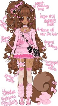 1boy absurdres aegyo_sal animal_ears artist_self-insert bag bow brown_eyes commentary crossdressing crossdressing_(mtf) dani_dearest danidearestvt dark-skinned_male dark_skin dog_boy dog_ears dog_tail english_commentary fashion frilled_thigh_strap gyaru hair_bow handbag highres hime_gyaru indie_virtual_youtuber itabag knife long_hair looking_at_viewer male_focus official_art one_side_up oshi-katsu pink_shirt pink_shoes pink_skirt platform_sandals ringlets sandals shirt shoes simple_background skirt solo tail tail_bow tail_ornament thigh_strap trap very_long_hair virtual_youtuber white_background