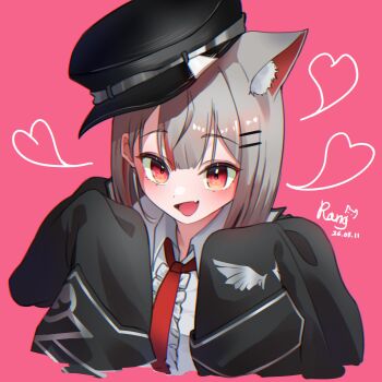 Rule 34 | 1girl, animal ears, black hat, black jacket, cat ears, cat girl, chromatic aberration, commentary request, grey hair, grey shirt, gyerangppan, hair between eyes, hat, highres, jacket, korean commentary, looking at viewer, medium hair, necktie, neneko mashiro, peaked cap, pink background, red eyes, red necktie, shirt, smile, solo, stellive, virtual youtuber