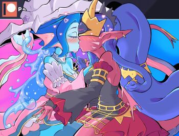 ariemon closed_eyes crown digimon digimon_(creature) kiss mask medusamon onetrickdragon pointy_ears snake snake_hair yuri