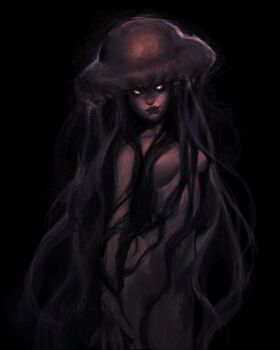 1girl absurdres black_background black_hair bright_pupils commentary empty_eyes english_commentary floating_hair glowing glowing_eyes highres jellyfish_girl limited_palette long_hair looking_at_viewer nude original partially_shaded_face pink_eyes simple_background smirk solo twulfs white_pupils