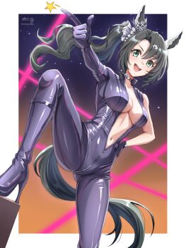 1girl :d animal_ears asymmetrical_sleeves black_bodysuit black_gloves black_hair bodysuit border breasts catsuit commentary_request ear_ornament gloves green_eyes hair_between_eyes hair_ornament hand_on_own_hip high_heels highres horse_ears horse_girl horse_tail long_hair looking_at_viewer medium_breasts navel open_mouth outstretched_arm parted_bangs partially_unzipped pointing ponytail satono_crown_(umamusume) signature single_bare_shoulder smile solo star_(symbol) tail teeth tsukiyuki_mike twitter_username umamusume uneven_footing uneven_sleeves upper_teeth_only white_border zipper