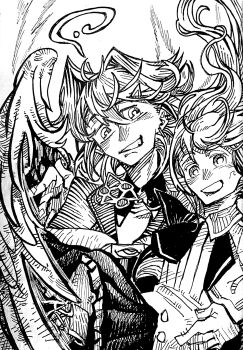 Rule 34 | 2girls, absurdres, ange katrina, ange katrina (1st costume), carrying, carrying person, commentary request, floating hair, greyscale, hair between eyes, hair intakes, hatching (texture), highres, linear hatching, lize helesta, lize helesta (1st costume), long hair, monochrome, multiple girls, neckerchief, nijisanji, open mouth, princess carry, shou-star, skirt, smile, traditional media, virtual youtuber, wings