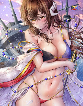 1girl absurdres alternate_costume azur_lane bikini commander_kei cowboy_shot highres horns looking_away mikasa_(azur_lane) multi-strapped_bikini rigging saber_(weapon) swimsuit sword weapon