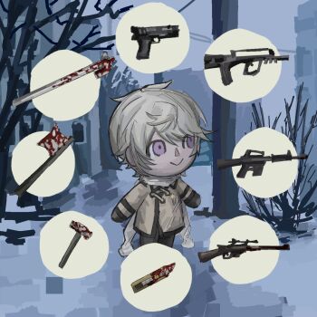 Rule 34 | 1boy, :>, animal crossing, arrow (symbol), assault rifle, axe, axis powers hetalia, black gloves, black pants, blood, bloody weapon, bush, chibi, closed mouth, coat, collared coat, commentary, dagger, day, english commentary, full body, gloves, glue fungus, grey hair, gun, hair between eyes, hammer, handgun, highres, knife, lead pipe, long sleeves, looking to the side, male focus, medal, nintendo, outdoors, pants, purple eyes, rifle, russia (hetalia), scarf, short hair, sky, smile, sniper rifle, snow, solo, standing, star ornament, tree, weapon, white coat, white scarf, white sky, winter