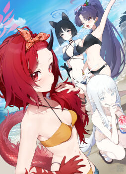 4girls absurdres animal_ears arm_up armpits bangs_pinned_back bare_shoulders beach bikini bikini_bottom_under_shorts bikini_under_clothes black_hair black_tail blue_archive blue_bikini blue_halo blush breasts cat_ears cat_girl cat_tail commentary_request cup day denim denim_shorts disposable_cup disposable_ice_cream_cup dragon_girl dragon_horn dragon_tail dutch_angle food hairband halo hand_on_own_hip highres holding holding_cup holding_spoon horns hyakkaryouran_(blue_archive) kikyou_(blue_archive) kikyou_(swimsuit)_(blue_archive) large_breasts layered_bikini looking_at_viewer multiple_girls multiple_tails nagusa_(blue_archive) nagusa_(swimsuit)_(blue_archive) o-ring o-ring_bikini official_alternate_costume open_clothes open_shorts orange_hairband outdoors purple_hair red_hair red_halo red_tail renge_(blue_archive) renge_(swimsuit)_(blue_archive) shaved_ice shorts single_horn small_breasts spoon spoon_straw squatting standing sunglasses swimsuit tail two_tails white_hair yanyo_(ogino_atsuki) yellow_bikini yukari_(blue_archive) yukari_(swimsuit)_(blue_archive)