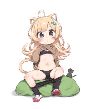 1girl ahoge animal_ear_fluff animal_ears black_bra black_eyes black_panties black_pantyhose blonde_hair bra breasts brown_shirt cat cat_ears cat_girl cat_tail clothes_lift clothes_pull commentary fish_hair_ornament hair_ornament highres lifting_own_clothes loli long_hair long_sleeves looking_at_viewer navel open_mouth original panties pantyhose pantyhose_pull shirt shirt_lift shoe_soles shoes simple_background sitting sleeves_past_wrists small_breasts solo symbol-only_commentary tail tamase_tama triangle_mouth underwear white_background white_shoes