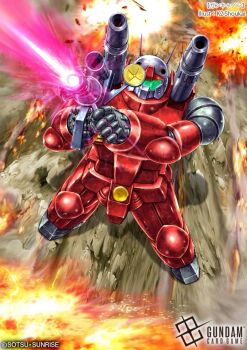 aiming artist_request battle beam_rifle cannon copyright_notice debris desert energy energy_beam energy_gun explosion firing green_visor guncannon gundam gundam_card_game highres logo machinery mecha mecha_focus mobile_suit mobile_suit_gundam official_art painting_(medium) radio_antenna realistic robot scan science_fiction scope shoulder_cannon sunrise_(company) title traditional_media weapon