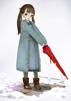 Rule 34 | 1girl, blunt bangs, blush, boots, brown boots, brown eyes, brown hair, closed umbrella, female focus, full body, grey background, highres, holding, medium hair, open mouth, original, outdoors, pantyhose, red umbrella, smile, snow, solo, standing, teeth, twintails, umbrella, upper teeth only, uturo
