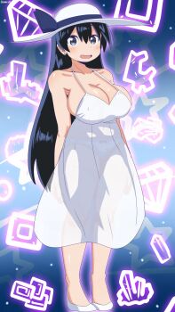 1girl :d arato_nagi bambi2000line bare_arms bare_legs bare_shoulders black_eyes black_hair black_ribbon bow bow_panties breasts cleavage collarbone commentary cosplay dress earrings full_body gem hair_between_eyes hasshaku-sama hasshaku-sama_(cosplay) hat hat_ribbon highres jewelry large_breasts light_blush long_hair looking_at_viewer open_mouth panties ribbon ruri_no_houseki see-through_clothes see-through_dress shoes sleeveless sleeveless_dress smile solo spaghetti_strap standing star_(sky) starry_sky_background stud_earrings sun_hat sundress underwear very_long_hair white_dress white_hat white_panties white_shoes