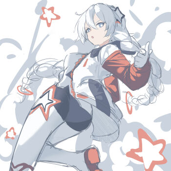 Rule 34 | 1girl, absurdres, ahoge, ass, blue eyes, bodysuit, braid, breasts, chinese commentary, commentary, from behind, gloves, highres, honkai (series), honkai impact 3rd, jacket, kiana kaslana, kiana kaslana (white comet), long hair, looking at viewer, medium breasts, multicolored jacket, open mouth, qtian, solo, star (symbol), star symbol background, twin braids, two-tone jacket, very long hair, white bodysuit, white gloves, white hair