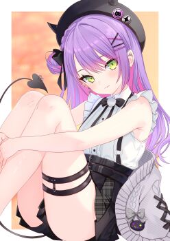 1girl absurdres bare_arms bare_shoulders black_hat black_skirt blush closed_mouth collared_shirt commentary_request demon_tail feet_out_of_frame green_eyes hair_ornament hairclip hat highres hololive long_hair looking_at_viewer multiple_thigh_straps parallel_hairclips purple_hair shirt sitting skirt sleeveless sleeveless_shirt solo suspender_skirt suspenders tail thigh_strap toketa-sekai tokoyami_towa virtual_youtuber white_shirt x_hair_ornament