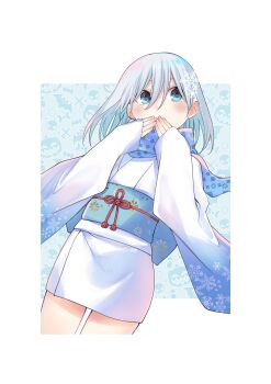 1girl absurdres amagami-san_chi_no_enmusubi amagami_asahi blue_eyes blue_hair blue_sash blue_scarf border breasts commentary_request covering_own_mouth halloween highres japanese_clothes kimono marcey medium_breasts obi sash scarf short_kimono snowflake_print solo white_border white_kimono