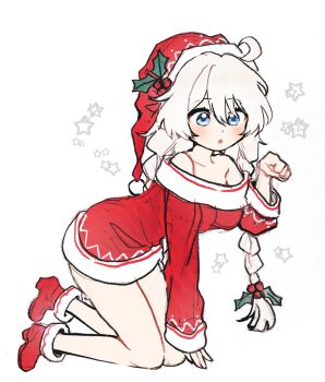 Rule 34 | 1girl, 5rwpvc, :o, ahoge, bare shoulders, blue eyes, boots, breasts, dress, hashtag-only commentary, hat, highres, honkai (series), honkai impact 3rd, kiana kaslana, large breasts, long hair, looking at viewer, paw pose, red boots, red dress, red hat, santa costume, santa dress, santa hat, simple background, snowflakes, solo, very long hair, white background, white hair