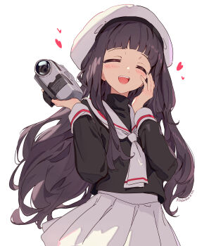 1girl beret black_hair black_sweater blunt_bangs blush camcorder camera cardcaptor_sakura closed_eyes daidouji_tomoyo hat heart highres holding holding_camera kodamazon long_hair long_sleeves neckerchief open_mouth pleated_skirt sailor_collar school_uniform simple_background skirt solo sweater tomoeda_elementary_school_uniform turtleneck turtleneck_sweater video_camera white_background white_hat white_neckerchief white_sailor_collar white_skirt