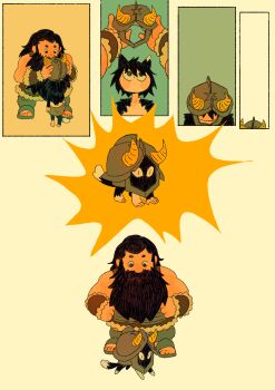 1boy 1girl aged_down animated animated_gif armor beard cat_girl comic cutystuffy dungeon_meshi dwarf facial_hair green_background helmet highres izutsumi running sandals senshi_(dungeon_meshi) unworn_headwear unworn_helmet vambraces