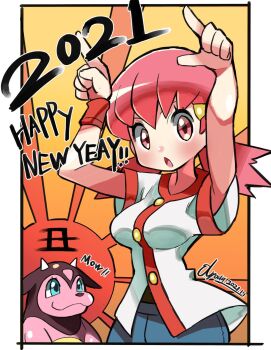 2021 animal_ears animal_nose arms_up blue_eyes blue_shorts breasts buttons chinese_zodiac colored_skin cone_horns cow english_text gen_2_pokemon hands_up happy_new_year highres horns horns_pose hyou_(hyouga617) large_breasts miltank new_year nintendo open_mouth pink_eyes pink_hair pink_skin pokemon pokemon_hgss shirt short_sleeves shorts sunburst sunburst_background twintails undershirt white_shirt whitney_(pokemon) year_of_the_ox