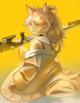 1girl ahoge animal_ear_fluff animal_ears arknights black_collar blyskawica_(flandre5carlet) bow_(weapon) collar commentary commission commissioner_upload crossbow english_commentary facial_scar from_behind green_eyes hair_between_eyes hand_in_pocket highres holding holding_crossbow holding_weapon horse_ears horse_girl horse_tail jacket jacket_partially_removed limbless_crossbow long_hair long_sleeves looking_at_viewer looking_back off_shoulder open_mouth orange_jacket original over_shoulder ponytail scar scar_on_cheek scar_on_face scar_on_shoulder scarf simple_background solo spiked_collar spikes tail upper_body weapon weapon_over_shoulder white_scarf wide_sleeves yellow_background yuhel