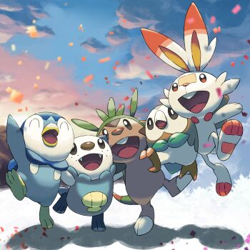 arm_around_shoulder case-k chespin closed_eyes cloud commentary_request fangs full_body gen_4_pokemon gen_5_pokemon gen_6_pokemon gen_7_pokemon gen_8_pokemon happy highres jumping nintendo no_humans open_mouth oshawott outdoors piplup pokemon pokemon_(creature) rowlet scorbunny