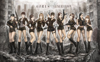 00s 2009 6+girls apocalypse artist_name assault_rifle black_hair blonde_hair boots brown_hair camouflage character_name charm_(object) copyright_name dated eden_hunter female_focus girls'_generation giroro gun handgun hat highres hyoyeon_(girls'_generation) jessica_(girls'_generation) jewelry k-pop keroro_gunsou knee_boots legs lineup long_hair looking_at_viewer midriff military multiple_girls necklace pinky_out pistol rifle rubble seohyun_(girls'_generation) short_hair shorts sooyoung_(girls'_generation) submachine_gun sunny_(girls'_generation) taeyeon_(girls'_generation) thigh_strap tiffany_(girls'_generation) weapon yoona_(girls'_generation) yuri_(girls'_generation)