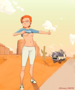 1girl annoyed ben_10 breasts cartoon_network clothes_lift desert earrings female_focus flashing green_eyes gwen_tennyson hair_ornament hairclip hitchhiking jewelry loli motor_vehicle motorhome navel nipples no_bra orange_hair presenting recreational_vehicle road shirt shirt_lift shoes short_hair shorts stomach thumbs_up zveno