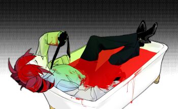 Rule 34 | 1girl, alternate costume, bath, bath of blood, bathtub, black gloves, black necktie, black pants, black shoes, blood, closed eyes, crossed ankles, dithered background, drill hair, gloves, gradient background, hand up, high heels, holding necktie, huan1034097, igaku (utau), in bathtub, kasane teto, necktie, open mouth, pants, red hair, shoes, solo, twin drills, utau