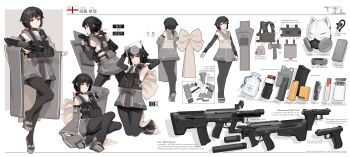 1girl absurdres black_eyes black_hair gun handgun highres japanese_clothes kimono military nusisring_tactical reference_sheet sandals short_hair vectorek weapon
