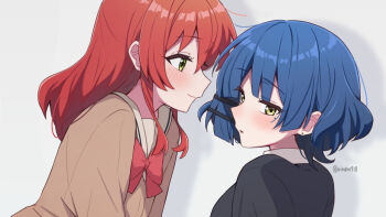 2girls averting_eyes black_jacket blue_hair blush bocchi_the_rock! bow bowtie closed_mouth commentary_request couple ear_piercing from_side hair_ornament highres jacket kita_ikuyo leaning_forward long_hair long_sleeves looking_at_another looking_to_the_side mole mole_under_eye multiple_girls open_mouth piercing profile red_bow red_hair school_uniform shirt short_hair smile uimaru918 yamada_ryo yellow_eyes yuri