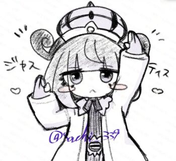 1girl blush_stickers bob_cut chibi chibi_only closed_mouth coat gloves gwynn_(pokemon) hat heart long_sleeves looking_at_viewer nintendo open_clothes open_coat partially_fingerless_gloves pokemon pokemon_legends:_z-a sachi_339 short_hair solo twitter_username