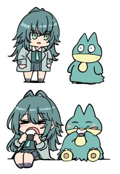 &gt;_&lt; 1girl blush_stickers chibi closed_eyes collared_shirt commentary_request crossover food gakuen_idolmaster gen_4_pokemon green_eyes green_hair green_shirt grey_jacket grey_skirt grey_socks hair_between_eyes holding holding_food idolmaster jacket kawamochi_(kawauti919) long_hair long_sleeves munchlax nintendo onigiri open_clothes open_jacket open_mouth parted_lips pleated_skirt pokemon pokemon_(creature) shirt simple_background sitting skirt socks tsukimura_temari very_long_hair white_background
