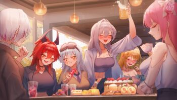 6+girls absurdres alcohol beer beer_mug black_choker blonde_hair breasts brown_coat cake cake_slice ceiling_light choker cleavage coat commentary crop_top cup dorothy_(nikke) drink drunk english_commentary flower food glass goddess_(nikke) goddess_of_victory:_nikke goggles grey_coat grey_hair hair_flower hair_ornament highres holding holding_cup horns indoors large_breasts liliweiss_(nikke) long_hair maviss_03 mechanical_horns mug multicolored_hair multiple_girls pink_hair rapunzel_(nikke) red_hair red_hood_(nikke) scarlet_(nikke) short_hair snow_white_(nikke) two-tone_hair very_long_hair white_hair yellow_eyes