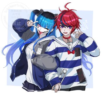 Rule 34 | 1boy, 1girl, ahoge, amemiya darumi, arm up, black bow, black hair, black pants, black skirt, black streaks, blue background, blue eyes, blue hair, blue jacket, border, bow, choker, commentary request, cosplay, costume switch, cropped legs, facial mark, grey jacket, hair bow, hand up, heart, heart facial mark, highres, hood, hoodie, jacket, jacket over hoodie, kakikuyeko3181, light blush, locked arms, long hair, makeup, multicolored hair, multicolored jacket, open clothes, open jacket, outside border, pants, pink eyes, red bow, red choker, red hair, roots (hair), runny makeup, safety pin, shirt, short hair, skirt, streaked hair, striped clothes, striped shirt, sumino takumi, sweatdrop, the hundred line -last defense academy-, tongue, tongue out, twintails, two-tone jacket, v, v over eye, watermark, white border, white hoodie