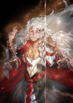 Rule 34 | 1boy, arm tattoo, armlet, armor, black nails, black skirt, braid, cape, closed eyes, closed mouth, commentary request, dark-skinned male, dark skin, doro (kura-chou), facing viewer, fate/grand order, fate (series), flower knot, gold ring, hair between eyes, hand tattoo, hands up, highres, jewelry, light particles, long hair, male focus, nail polish, neck ring, parted bangs, ring, robe, shoulder armor, single braid, skirt, sleeveless robe, smile, solo, solomon (fate), tassel, tattoo, twitter username, two-sided cape, two-sided fabric, white cape, white hair, white robe