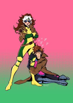 1boy 1girl artist_request belt bodysuit colored_bangs gambit gloves green_bodysuit green_headband headband highres jacket leather leather_jacket long_hair looking_at_viewer loose_belt marvel multicolored_bodysuit multicolored_hair rogue_(x-men) short_hair smile superhero_costume two-tone_bodysuit two-tone_hair x-men x-men:_the_animated_series x-men_evolution yellow_bodysuit yellow_gloves