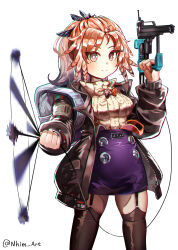 Rule 34 | 1girl, absurdres, arknights, backpack, bag, black jacket, black thighhighs, blue skirt, blush, brown eyes, brown sweater, buttons, cable knit, chromatic aberration, closed mouth, cowboy shot, double-breasted, double strap slip, feather hair, garter straps, high-waist skirt, highres, holding tool, jacket, legs apart, long hair, long sleeves, looking at viewer, mole, mole under eye, nail gun, nhim, open clothes, open jacket, orange hair, pinecone (arknights), ponytail, power cord, ribbed sweater, sidelocks, simple background, skirt, smile, solo, spinning, suspender skirt, suspenders, sweater, thighhighs, turtleneck, twitter username, white background, zettai ryouiki