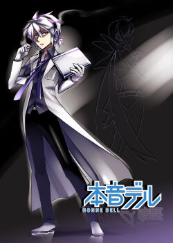 1boy 1girl back bow caffein cigarette gloves hair_bow headphones highres honne_dell lab_coat necktie open_collar outline ponytail red_eyes short_hair silver_hair solo_focus vocaloid yowane_haku