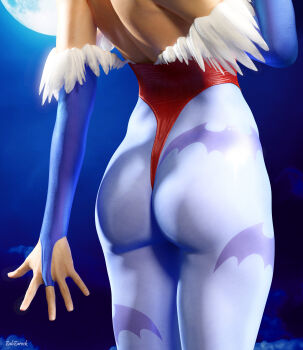 1girl 3d absurdres animal_print artist_name ass ass_focus back bat_print bridal_gauntlets capcom cloud demon_girl feather_trim from_behind head_out_of_frame highleg highleg_leotard highres leotard lilith_(darkstalkers) lower_body moon night night_sky pantyhose print_pantyhose purple_pantyhose red_leotard sky solo standing thong thong_leotard darkstalkers zabzarock