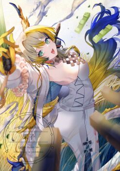 1girl arknights arm_up armpits bare_shoulders beads blonde_hair blue_hair blurry breasts collarbone commentary_request depth_of_field dragon_girl dragon_horns dragon_tail eastern_dragon_horns eastern_dragon_tail feet_out_of_frame from_above green_eyes grey_hair hair_between_eyes hair_ornament highres holding holding_weapon horns jacket jewelry long_hair long_sleeves looking_at_viewer magic multicolored_hair necklace open_mouth outstretched_arm pants plant purple_hair saiko_(saisaka) shu_(arknights) smile solo standing strapless tail tube_top weapon wheat white_jacket white_pants white_tube_top