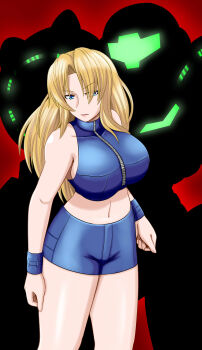1girl arms_at_sides artist_request bare_shoulders blonde_hair blue_eyes blue_shirt blue_shorts blue_wrist_cuffs bracelet breasts clenched_hands collarbone eyelashes female_focus fingernails hair_intakes hair_over_one_eye highres jewelry large_breasts legs long_hair metroid metroid_fusion midriff navel nintendo official_alternate_costume official_alternate_hairstyle parted_bangs power_suit_(metroid) red_background samus_aran serious shirt short_shorts shorts sideboob sidelocks sports_bra standing tall_female thighs unworn_armor wrist_cuffs zipper zipper_pull_tab