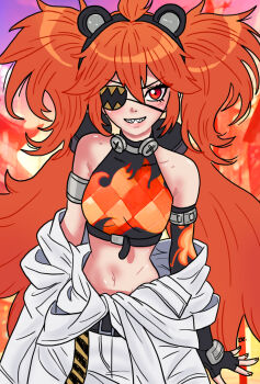 1girl ahoge animal_ears bare_shoulders bear_ears black_gloves breasts commentary crop_top english_commentary eyepatch fake_animal_ears fingerless_gloves gloves hair_between_eyes hair_ornament highres koleda_belobog long_hair looking_at_viewer midriff navel pants red_eyes red_hair solo sphere_hair_ornament theeyzmaster twintails zenless_zone_zero
