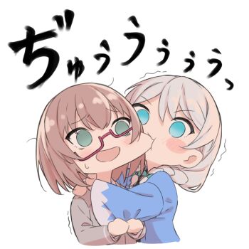 Rule 34 | 2girls, bang dream!, bang dream! girls band party!, biting, biting cheek, blue eyes, blue haori, blush, braid, chibi, chibi only, commentary, glasses, green eyes, grey hair, grey jacket, haneoka school uniform, haori, highres, jacket, japanese clothes, kanade (kanade 3344), long sleeves, multiple girls, open mouth, school uniform, semi-rimless eyewear, short hair, simple background, sweatdrop, twin braids, under-rim eyewear, wakamiya eve, white background, yamato maya