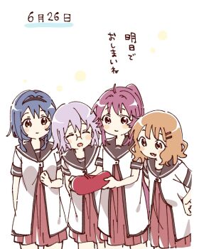 4girls :d ^_^ ahoge beret blue_hair blush_stickers brown_eyes brown_hair brown_sailor_collar closed_eyes closed_mouth cowboy_shot dress fang furutani_himawari grey_hair hair_ornament hairclip hashtag-only_commentary hat highres holding holding_unworn_clothes holding_unworn_hat ikeda_chitose long_hair multiple_girls namori nanamori_school_uniform oomuro_sakurako open_mouth parallel_hairclips pleated_dress ponytail purple_eyes purple_hair red_dress red_hat sailor_collar school_uniform shirt short_hair short_sleeves simple_background smile sugiura_ayano summer_uniform translation_request unworn_hat unworn_headwear white_background white_shirt yuruyuri