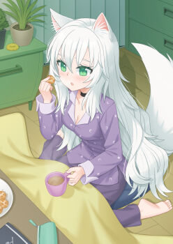 1girl :o absurdres animal_ears barefoot black_choker blush breasts cat_ears cat_girl choker cleavage coffee_mug commentary_request cookie cup food green_eyes hair_between_eyes highres holding holding_food indoors kotatsu mao_lian_(nekokao) medium_breasts mug original pajamas pencil_case plantar_flexion purple_pajamas sitting solo table tail wariza