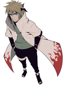 1boy black_pants black_shirt blonde_hair blue_eyes closed_mouth coat flak_jacket forehead_protector full_body hair_between_eyes hands_in_pockets highres jacket looking_at_viewer male_focus namikaze_minato naruto_(series) open-toe_shoes pants sameccor shirt short_hair smile solo standing white_background white_coat