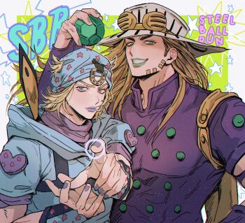 Rule 34 | 2boys, alrlmigi, ball, beanie, blonde hair, blue eyes, blue lips, blue nails, commentary, goggles, goggles on headwear, green eyes, green lips, gyro zeppeli, hat, highres, holding, holding ball, hood, hoodie, johnny joestar, jojo no kimyou na bouken, long hair, male focus, multiple boys, star (symbol), star print, steel ball run, untranslatable commentary, wide brim
