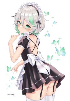 Rule 34 | 1girl, absurdres, alternate costume, apron, ass, black dress, braid, bug, butterfly, cecilia immergreen, colored inner hair, commentary, criss-cross back-straps, doll, doll joints, double-parted bangs, dress, english commentary, enmaided, frilled apron, frills, from behind, garter straps, goldfishy, green eyes, green hair, grey hair, hair between eyes, hair ornament, hand up, highres, hololive, hololive english, insect, joints, looking at viewer, looking back, maid, maid apron, maid headdress, multicolored hair, puffy short sleeves, puffy sleeves, short dress, short hair, short sleeves, side braid, simple background, single braid, solo, standing, streaked hair, thighhighs, virtual youtuber, white apron, white background, white thighhighs, winding key