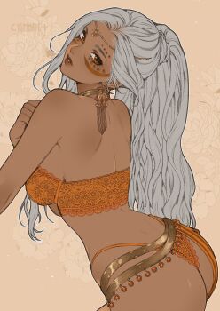 absurdres ass belt bra breasts character_request circlet cowboy_shot curvy dark-skinned_female dark_skin earrings eyelashes facial_mark from_behind gold_choker gold_circlet grey_hair high-waist_panties highres jewelry lace lace_bra lace_panties large_breasts lingerie long_hair looking_at_viewer looking_back makeup orange_bra orange_eyes orange_panties panties ponytail sideboob strapless strapless_bra turning_head underwear yiiande