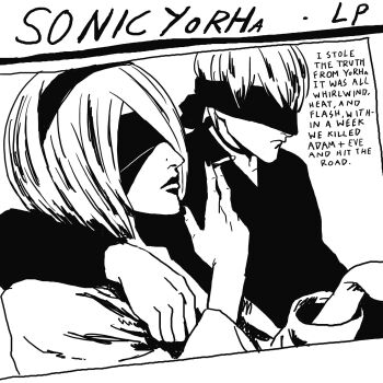 1boy 1girl album_cover_redraw barfchan black_choker blindfold choker cigarette commentary covered_eyes derivative_work english_commentary english_text goo_(album) greyscale hair_over_one_eye headband highres holding holding_cigarette long_sleeves monochrome nier:automata nier_(series) sonic_youth v-neck white_background 2b_(nier:automata) 9s_(nier:automata)